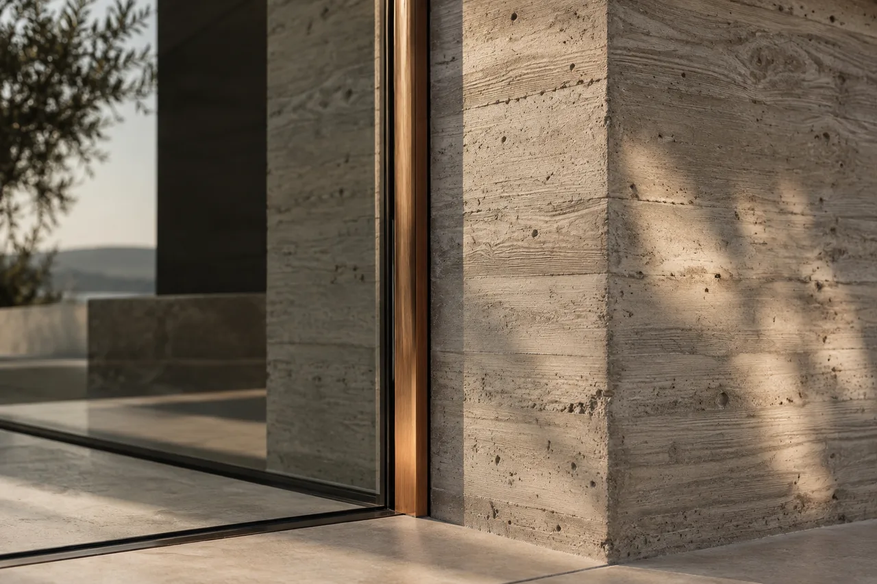 Illustrative detail of concrete, glass and a thin copper reveal