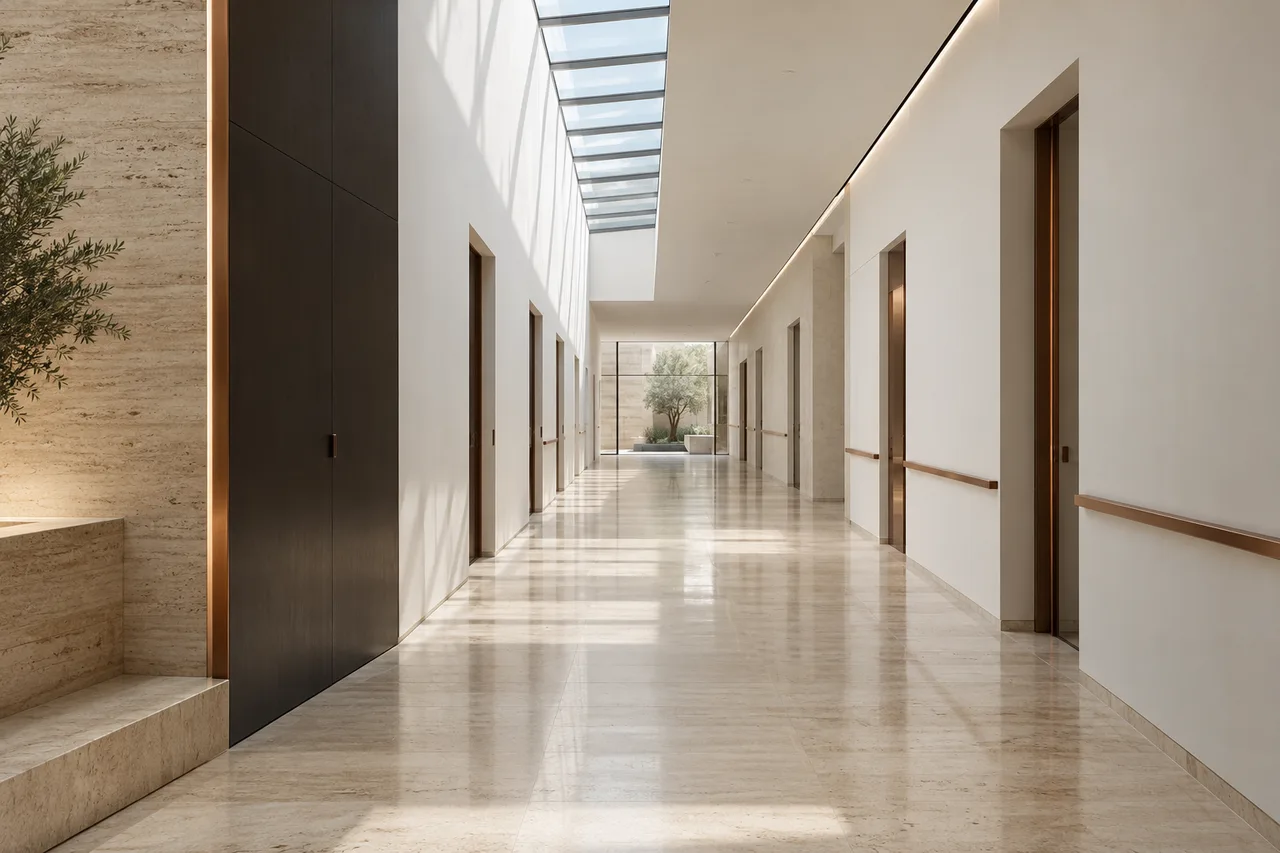 Illustrative minimalist hospital corridor beneath a linear skylight